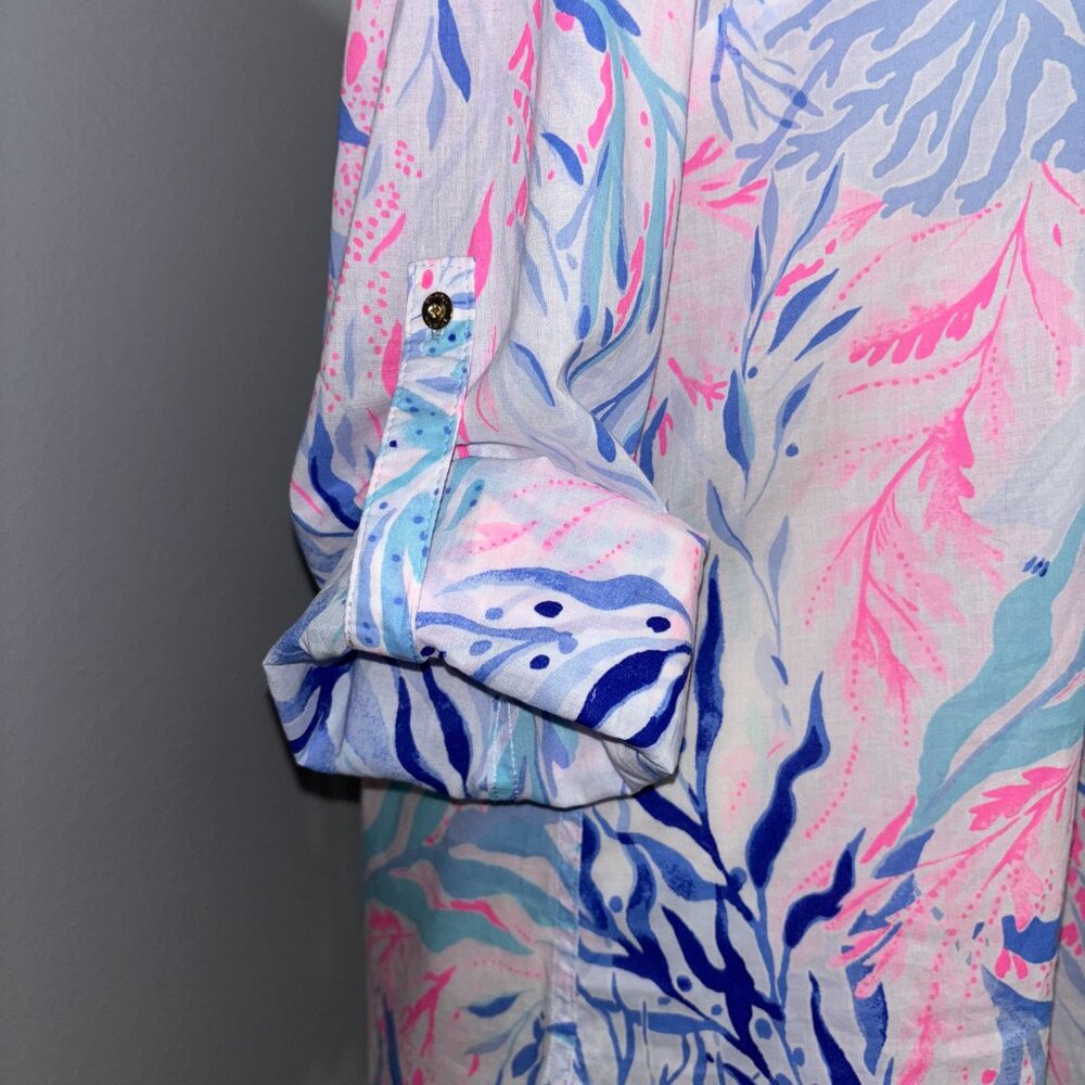 Lilly Pulitzer‎ Women’s S Cotton Tunic Top Button Front Pink Blue Tropical Print - Picture 4 of 11